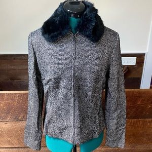 Etcetera Herringbone Tweed Wool Jacket w/ Genuine Rabbit Fur Collar